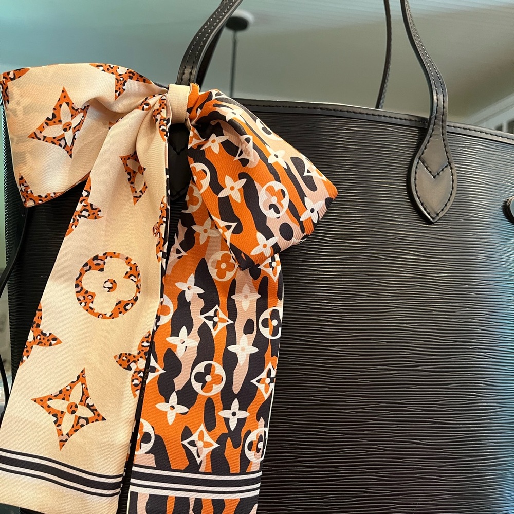 Luxury clover flower black ivory orange  Patterned Scarf LONG 44” W3”
